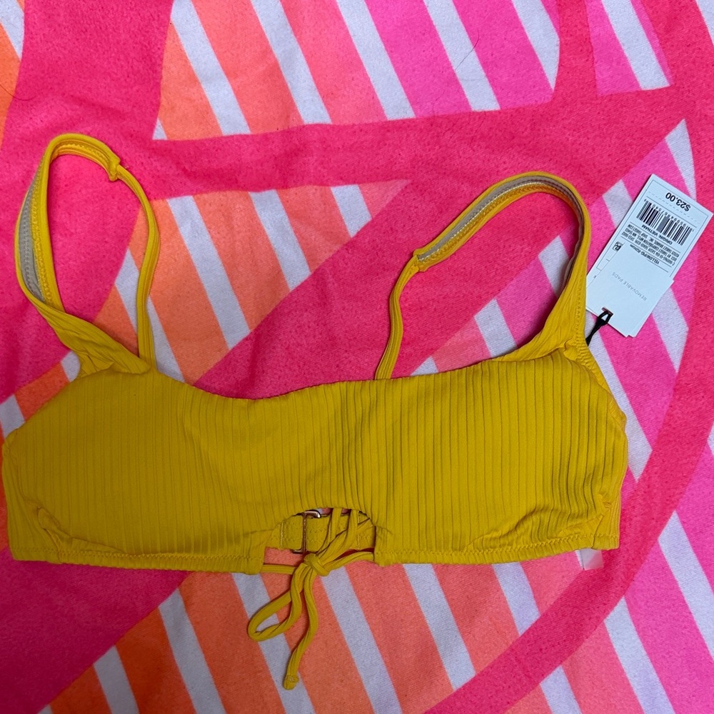 Shade & Shore Ribbed Mustard Yellow Tie-Front Bikini Top